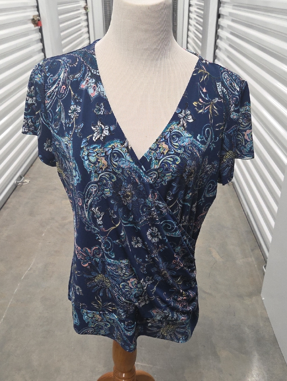 Roz & Ali Navy Blue Paisley Floral Wrap-Style Blouse